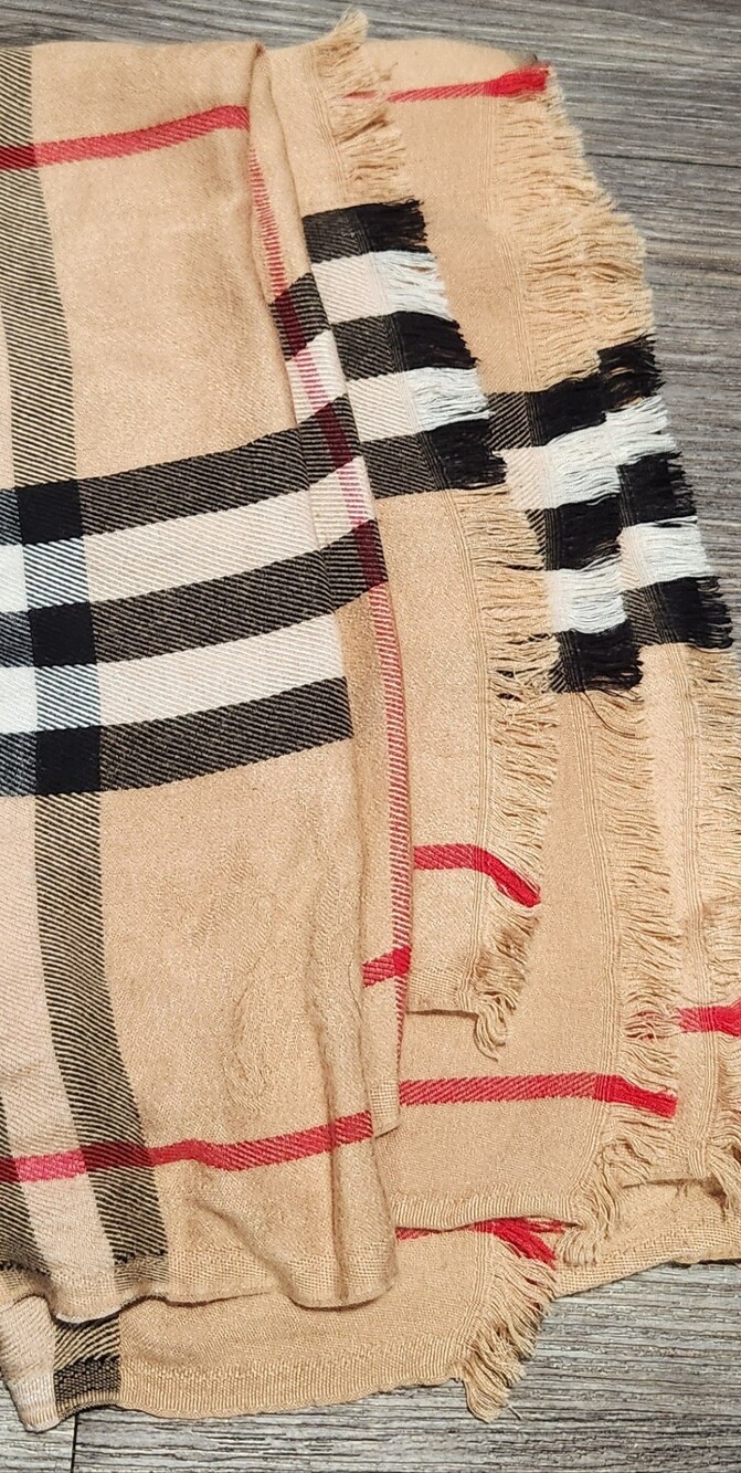 Burberry Beige Plaid Fringed Throw Shawl - Picture 2 of 5